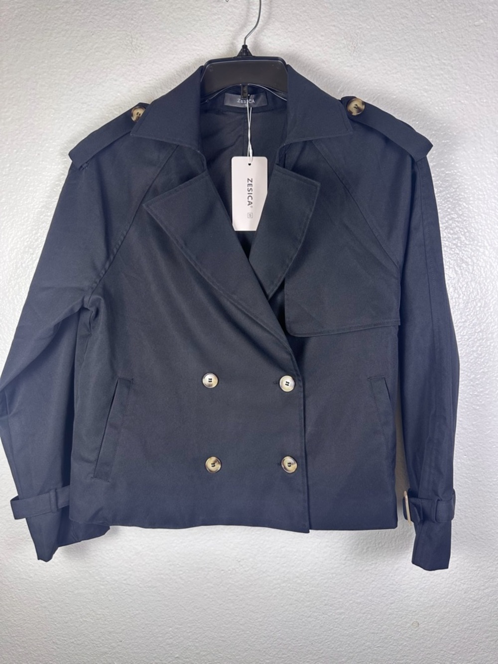 ZESICA Women's Black Short Trench Coat Jacket Button Collared Belted Pockets S
